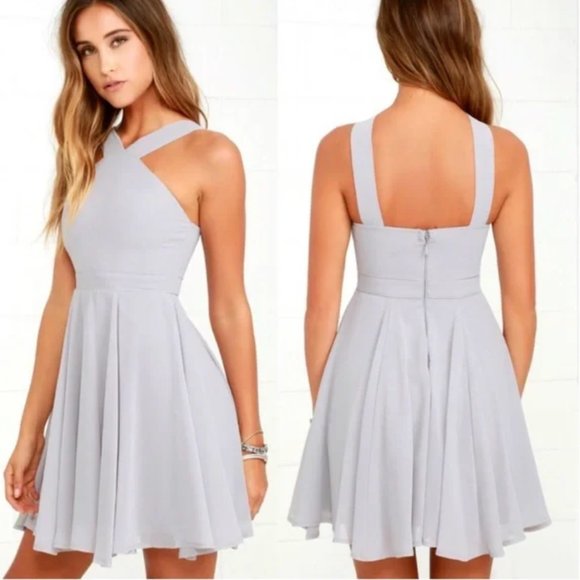 Lulus Forevermore Gray Sleeveless Halter Mini Skater Dress – XS - Picture 1 of 12